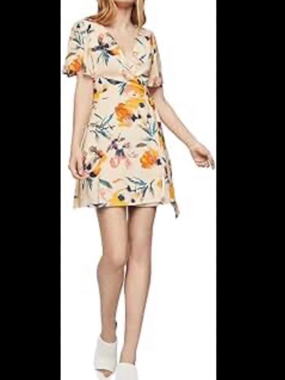 NWT BCBGeneration Cream Floral Wrap Mini Dress with Yellow Blooms